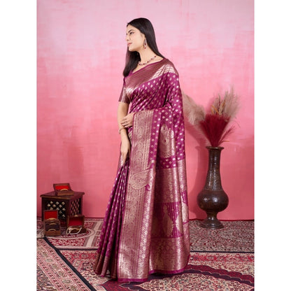 Women's Banarasi Silk Printed Saree With Unstitched Blouse 5.5Mtr (Wine)