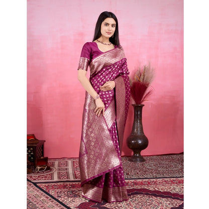 Women's Banarasi Silk Printed Saree With Unstitched Blouse 5.5Mtr (Wine)
