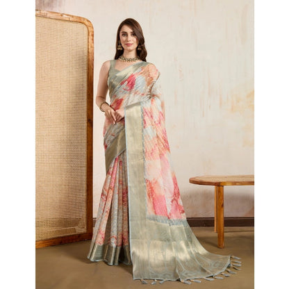 Women's Viscose Printed Saree With Unstitched Blouse 5.5Mtr (Cream)