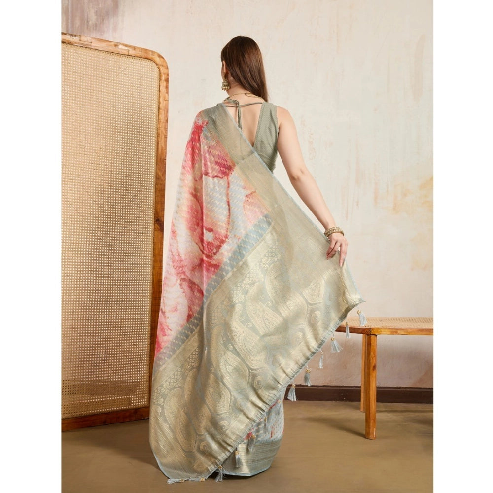 Women's Viscose Printed Saree With Unstitched Blouse 5.5Mtr (Cream)
