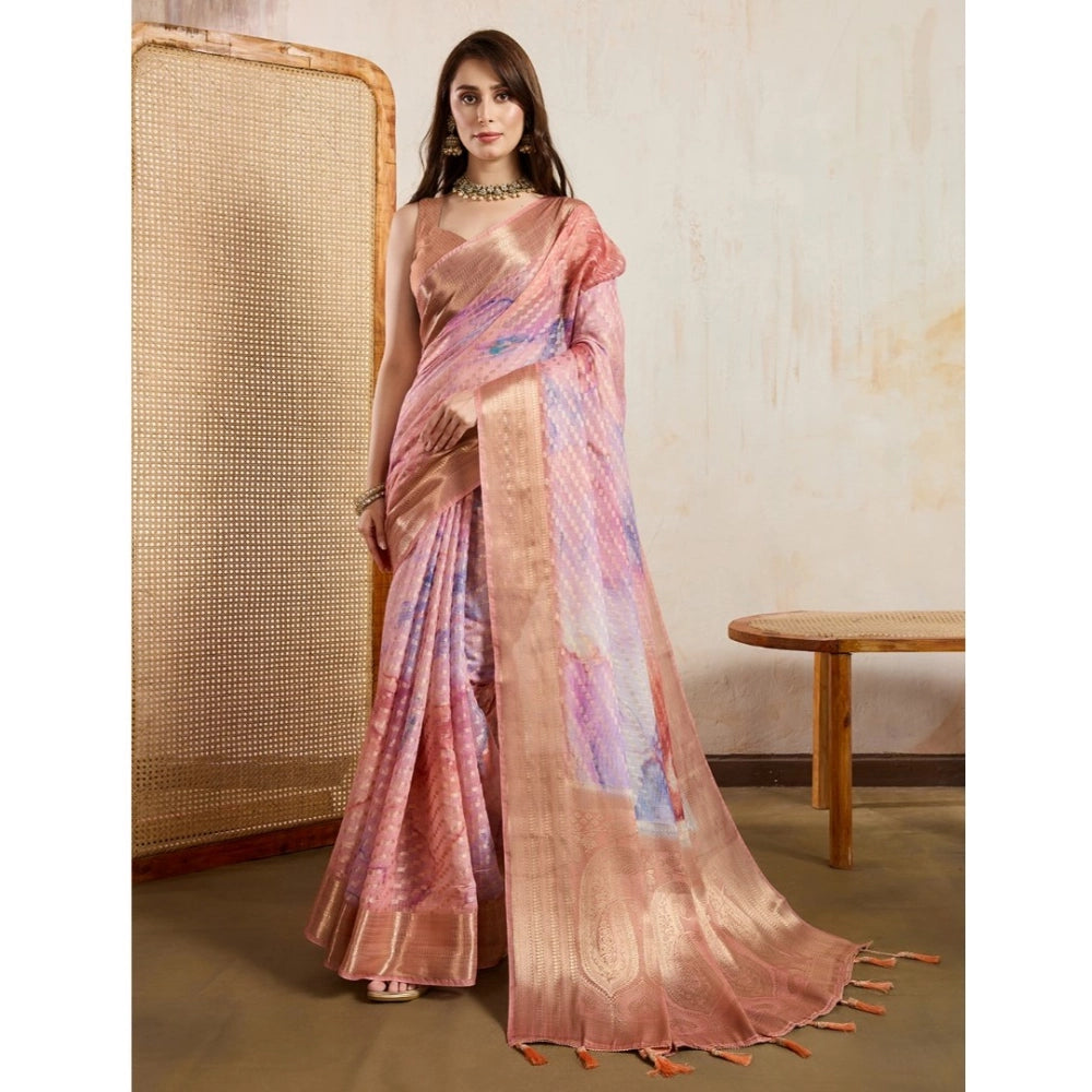 Women's Viscose Printed Saree With Unstitched Blouse 5.5Mtr (Peach)