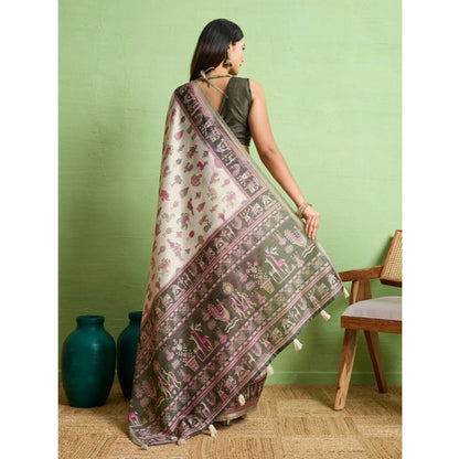 Women's Silk Blend Printed Saree With Unstitched Blouse 5.5Mtr (Off White)