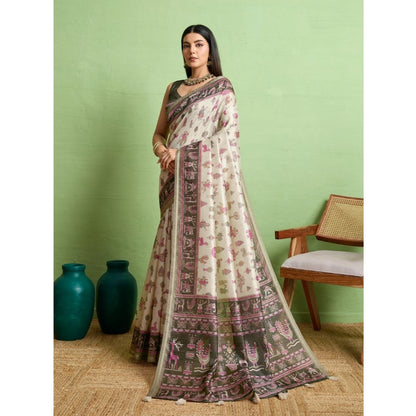 Women's Silk Blend Printed Saree With Unstitched Blouse 5.5Mtr (Off White)
