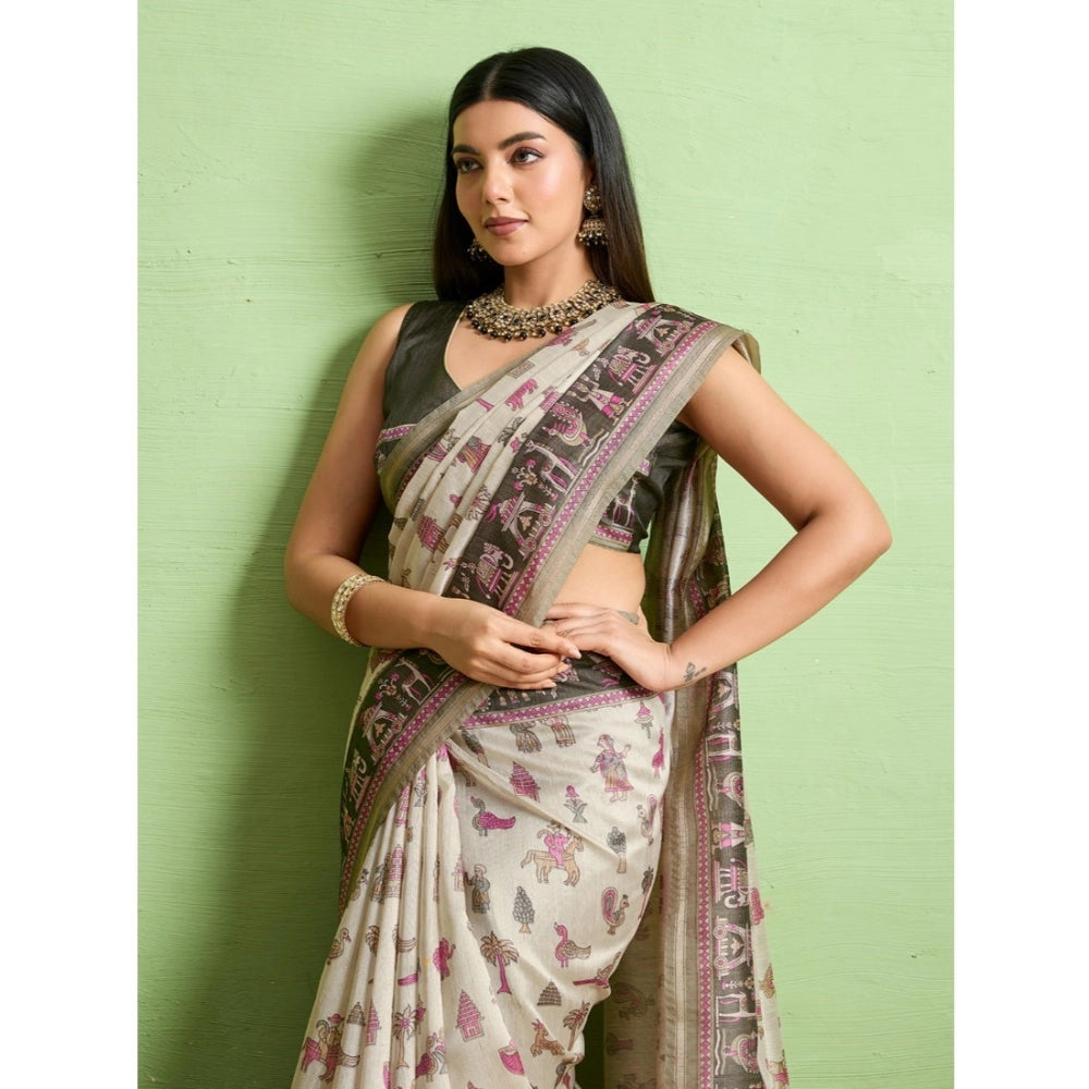Women's Silk Blend Printed Saree With Unstitched Blouse 5.5Mtr (Off White)