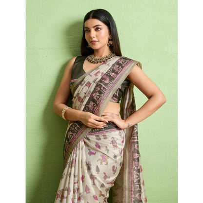 Women's Silk Blend Printed Saree With Unstitched Blouse 5.5Mtr (Off White)