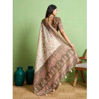 Women's Silk Blend Printed Saree With Unstitched Blouse 5.5Mtr (Cream)