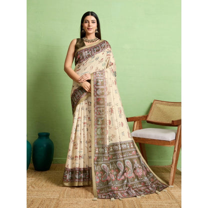 Women's Silk Blend Printed Saree With Unstitched Blouse 5.5Mtr (Cream)