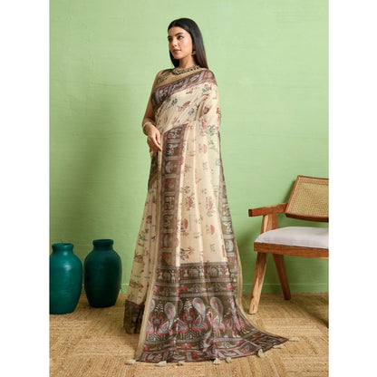 Women's Silk Blend Printed Saree With Unstitched Blouse 5.5Mtr (Cream)