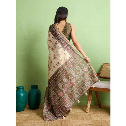 Women's Silk Blend Printed Saree With Unstitched Blouse 5.5Mtr (Cream)