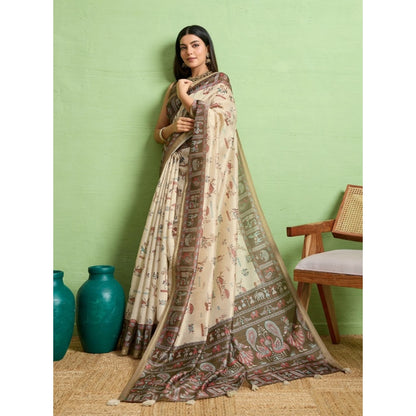 Women's Silk Blend Printed Saree With Unstitched Blouse 5.5Mtr (Cream)
