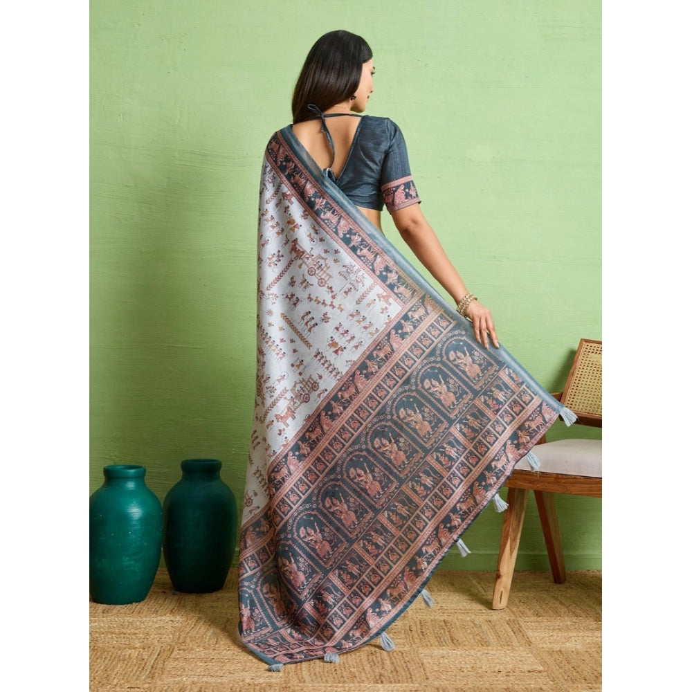 Women's Silk Blend Printed Saree With Unstitched Blouse 5.5Mtr (Grey)