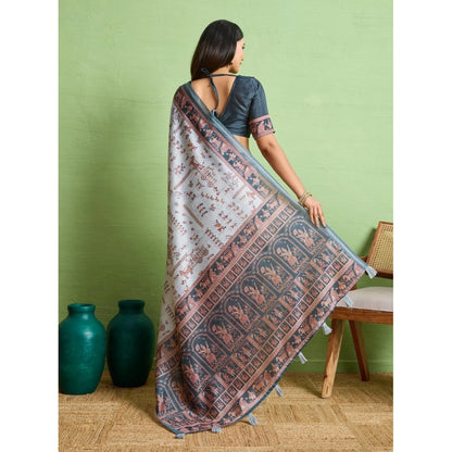 Women's Silk Blend Printed Saree With Unstitched Blouse 5.5Mtr (Grey)
