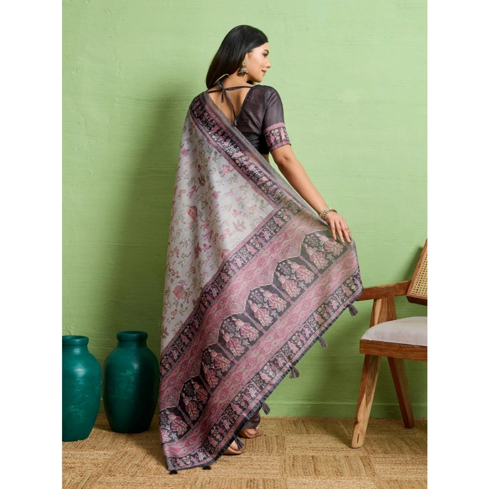 Women's Silk Blend Printed Saree With Unstitched Blouse 5.5Mtr (Grey)