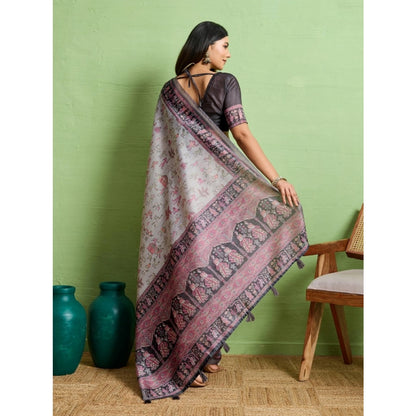 Women's Silk Blend Printed Saree With Unstitched Blouse 5.5Mtr (Grey)