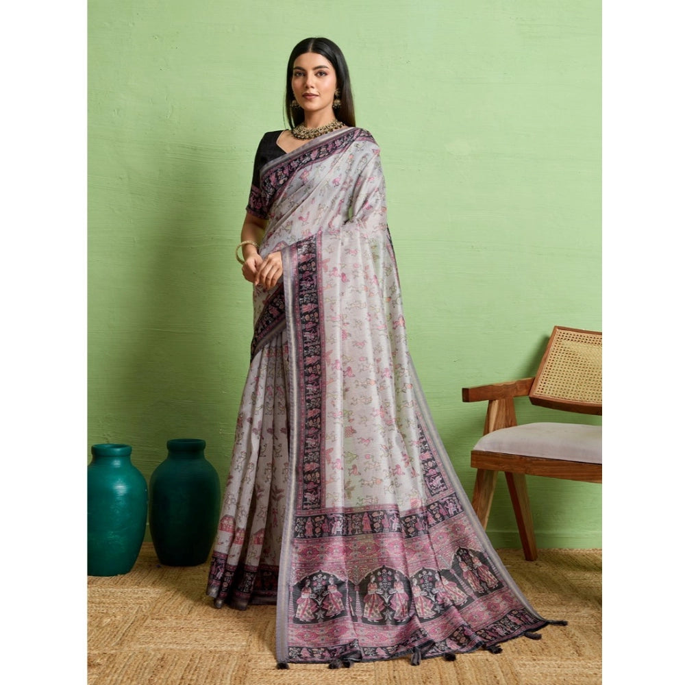 Women's Silk Blend Printed Saree With Unstitched Blouse 5.5Mtr (Grey)