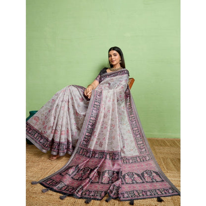 Women's Silk Blend Printed Saree With Unstitched Blouse 5.5Mtr (Grey)