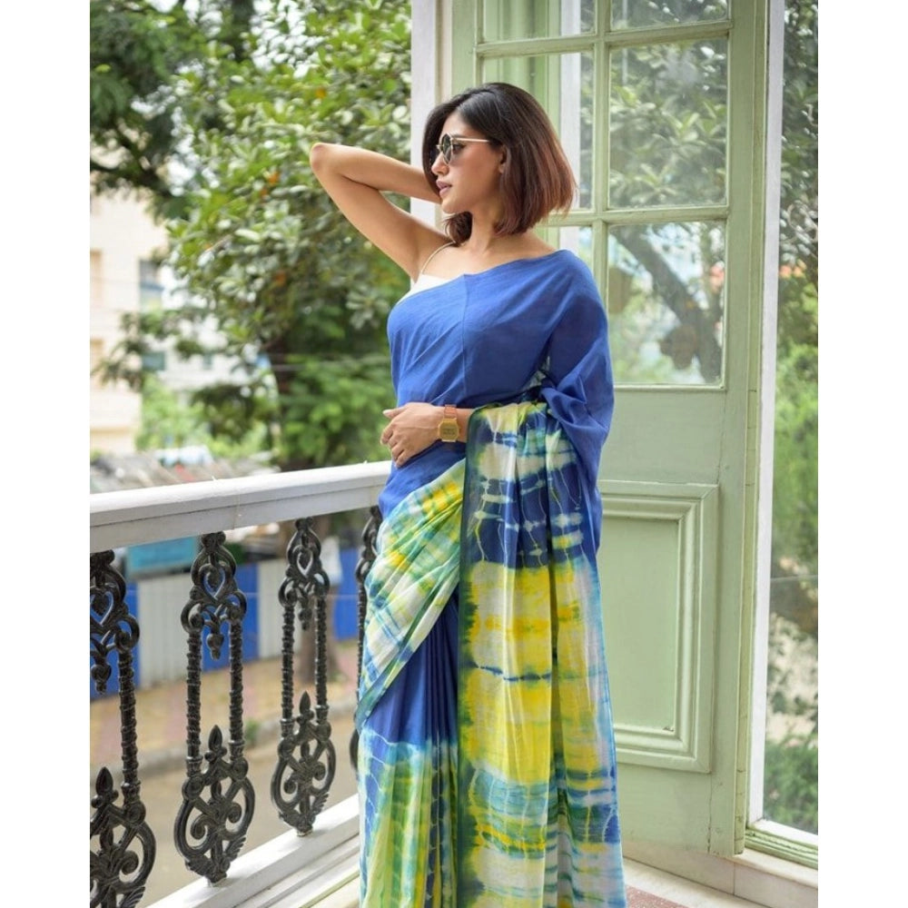 Women's Linen Printed Saree With Unstitched Blouse 5.5Mtr (Blue)