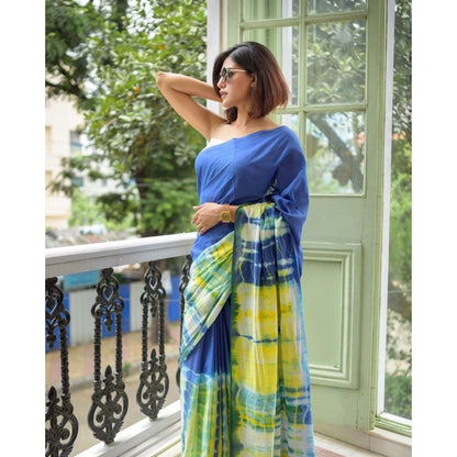 Women's Linen Printed Saree With Unstitched Blouse 5.5Mtr (Blue)