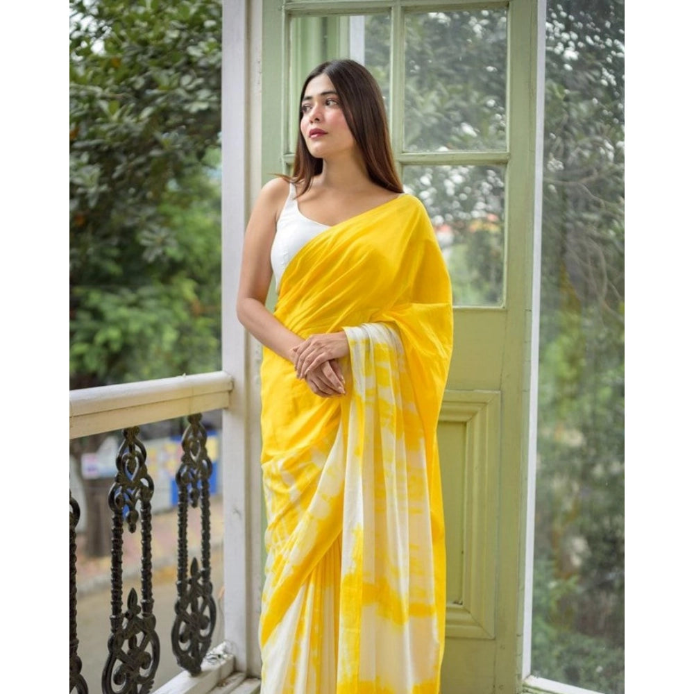 Women's Linen Printed Saree With Unstitched Blouse 5.5Mtr (Yellow)