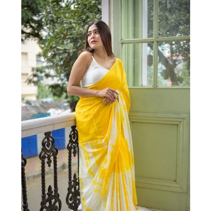 Women's Linen Printed Saree With Unstitched Blouse 5.5Mtr (Yellow)