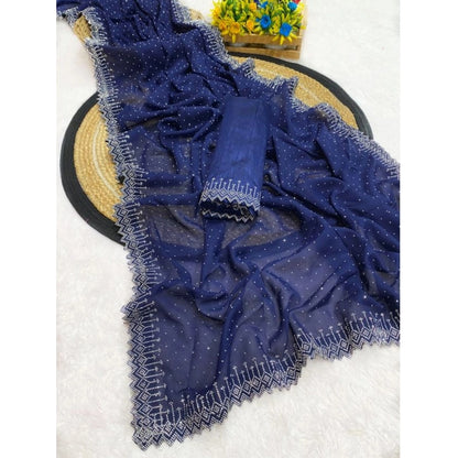 Women's Georgette Stone Work Saree With Unstitched Blouse 5.5Mtr (Blue)