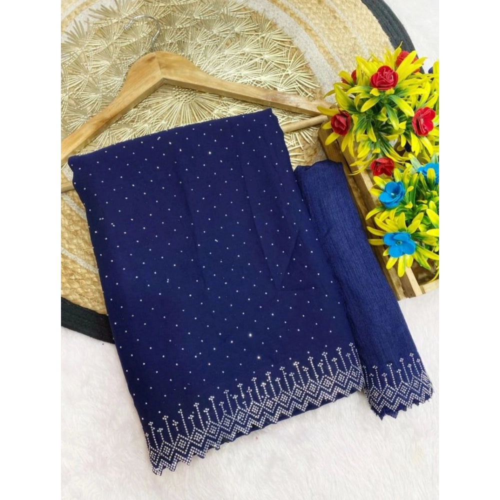 Women's Georgette Stone Work Saree With Unstitched Blouse 5.5Mtr (Blue)