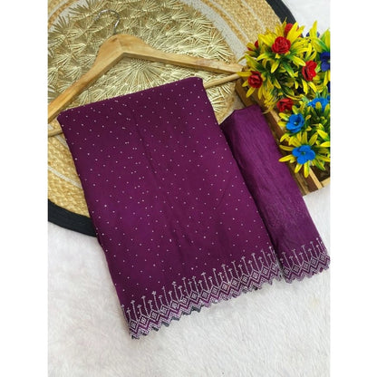 Women's Georgette Stone Work Saree With Unstitched Blouse 5.5Mtr (Purple)