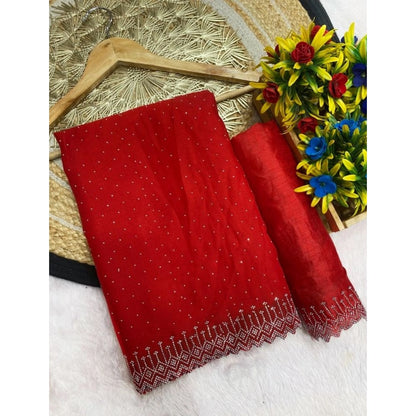 Women's Georgette Stone Work Saree With Unstitched Blouse 5.5Mtr (Red)