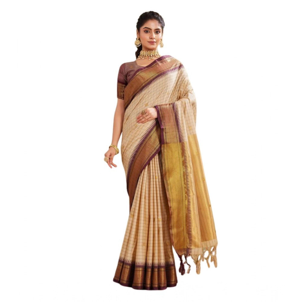 Women's Silk Blended Jaquard Woven Saree With Unstitched Blouse 5.5Mtr (Beige)