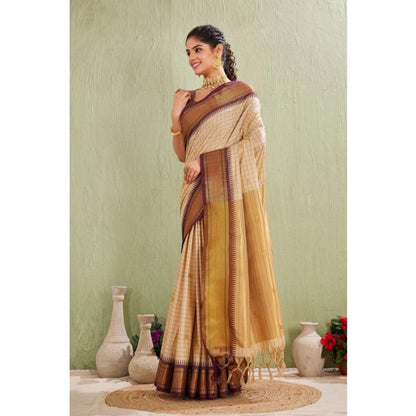 Women's Silk Blended Jaquard Woven Saree With Unstitched Blouse 5.5Mtr (Beige)