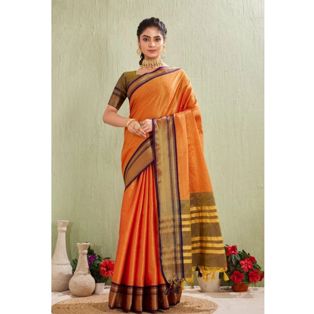 Women's Silk Blended Jaquard Woven Saree With Unstitched Blouse 5.5Mtr (Orange)