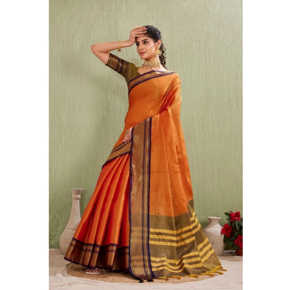 Women's Silk Blended Jaquard Woven Saree With Unstitched Blouse 5.5Mtr (Orange)