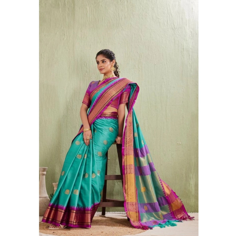 Women's Silk Blended Jaquard Woven Saree With Unstitched Blouse 5.5Mtr (Light Blue)