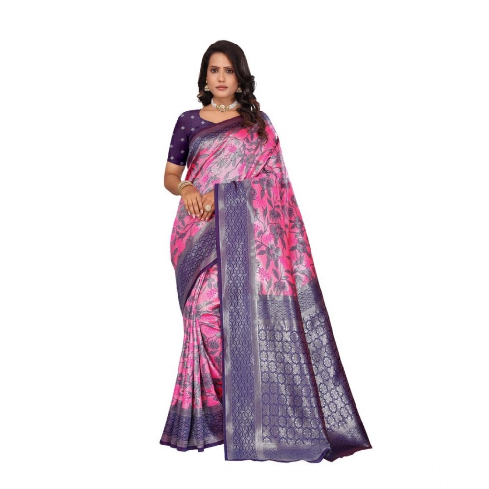 Women's Banarasi Silk Jaquard Woven Saree With Unstitched Blouse 5.5Mtr (Pink)