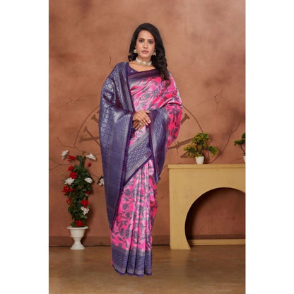 Women's Banarasi Silk Jaquard Woven Saree With Unstitched Blouse 5.5Mtr (Pink)