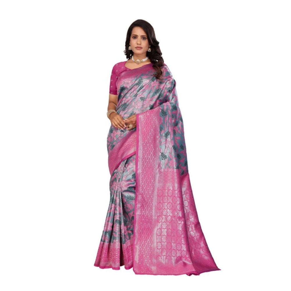 Women's Banarasi Silk Jaquard Woven Saree With Unstitched Blouse 5.5Mtr (Pink)