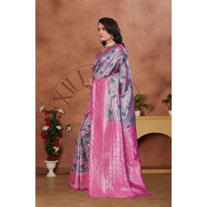 Women's Banarasi Silk Jaquard Woven Saree With Unstitched Blouse 5.5Mtr (Pink)