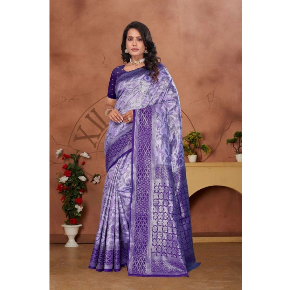 Women's Banarasi Silk Jaquard Woven Saree With Unstitched Blouse 5.5Mtr (Purple)
