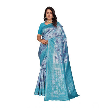 Women's Banarasi Silk Jaquard Woven Saree With Unstitched Blouse 5.5Mtr (Light Blue)