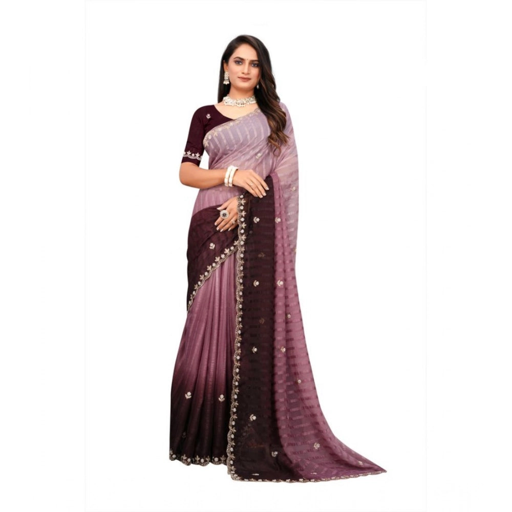 Women's Chiffon Embroidred Saree With Unstitched Blouse 5.5Mtr (Beige)