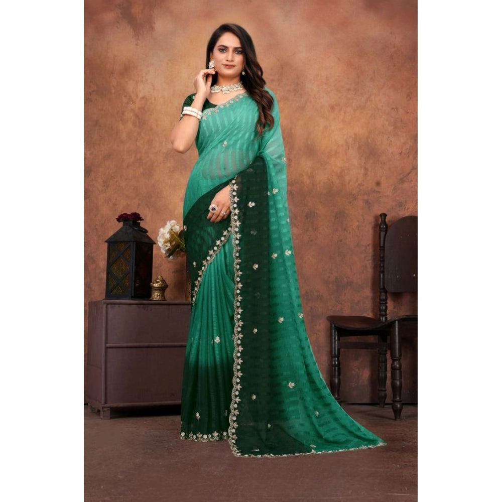 Women's Chiffon Embroidred Saree With Unstitched Blouse 5.5Mtr (Dark Green)