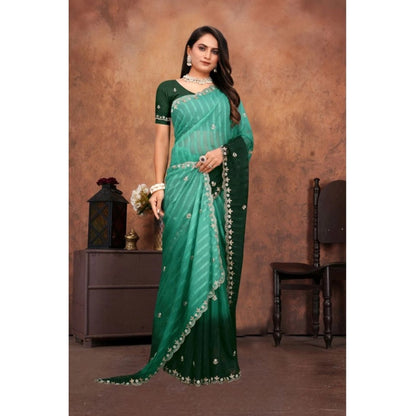 Women's Chiffon Embroidred Saree With Unstitched Blouse 5.5Mtr (Dark Green)