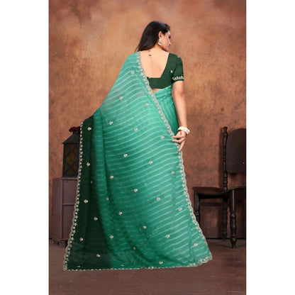 Women's Chiffon Embroidred Saree With Unstitched Blouse 5.5Mtr (Dark Green)