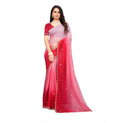 Women's Chiffon Embroidred Saree With Unstitched Blouse 5.5Mtr (Pink)