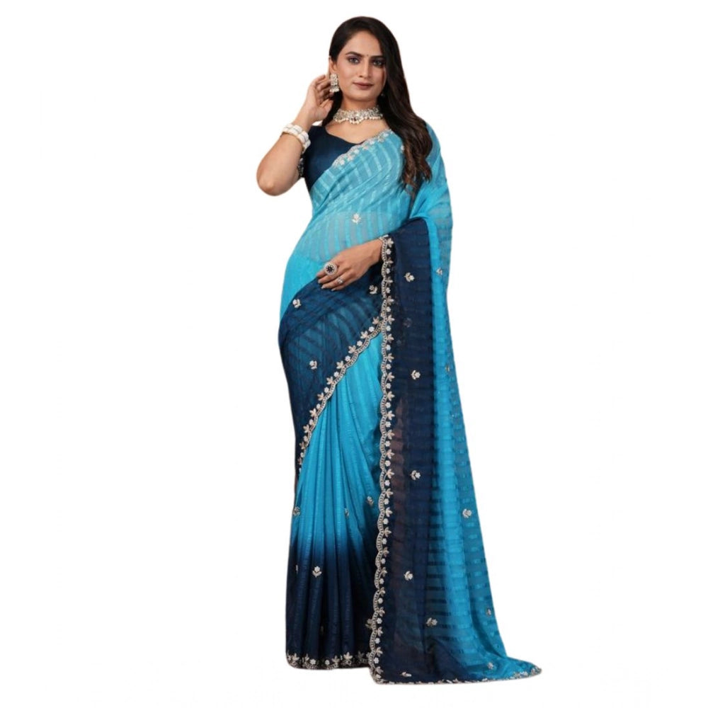 Women's Chiffon Embroidred Saree With Unstitched Blouse 5.5Mtr (Light Blue)