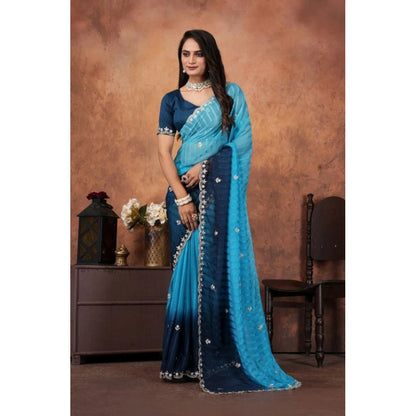 Women's Chiffon Embroidred Saree With Unstitched Blouse 5.5Mtr (Light Blue)