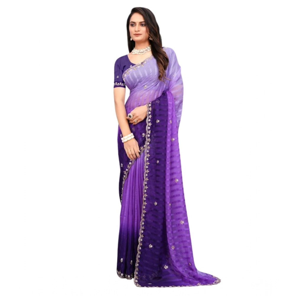 Women's Chiffon Embroidred Saree With Unstitched Blouse 5.5Mtr (Purple)