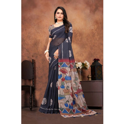 Women's Linen Printed Saree With Unstitched Blouse 5.5Mtr (Black)