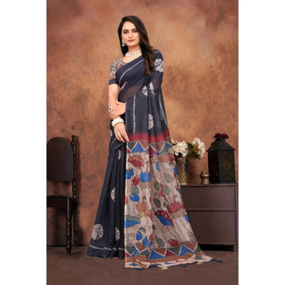 Women's Linen Printed Saree With Unstitched Blouse 5.5Mtr (Black)