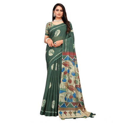 Women's Linen Printed Saree With Unstitched Blouse 5.5Mtr (Dark Green)